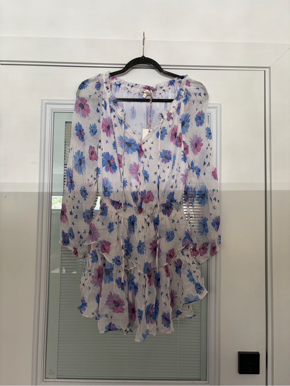 LoveShackFancy White Mini Dress with Blue & Pink Floral Print